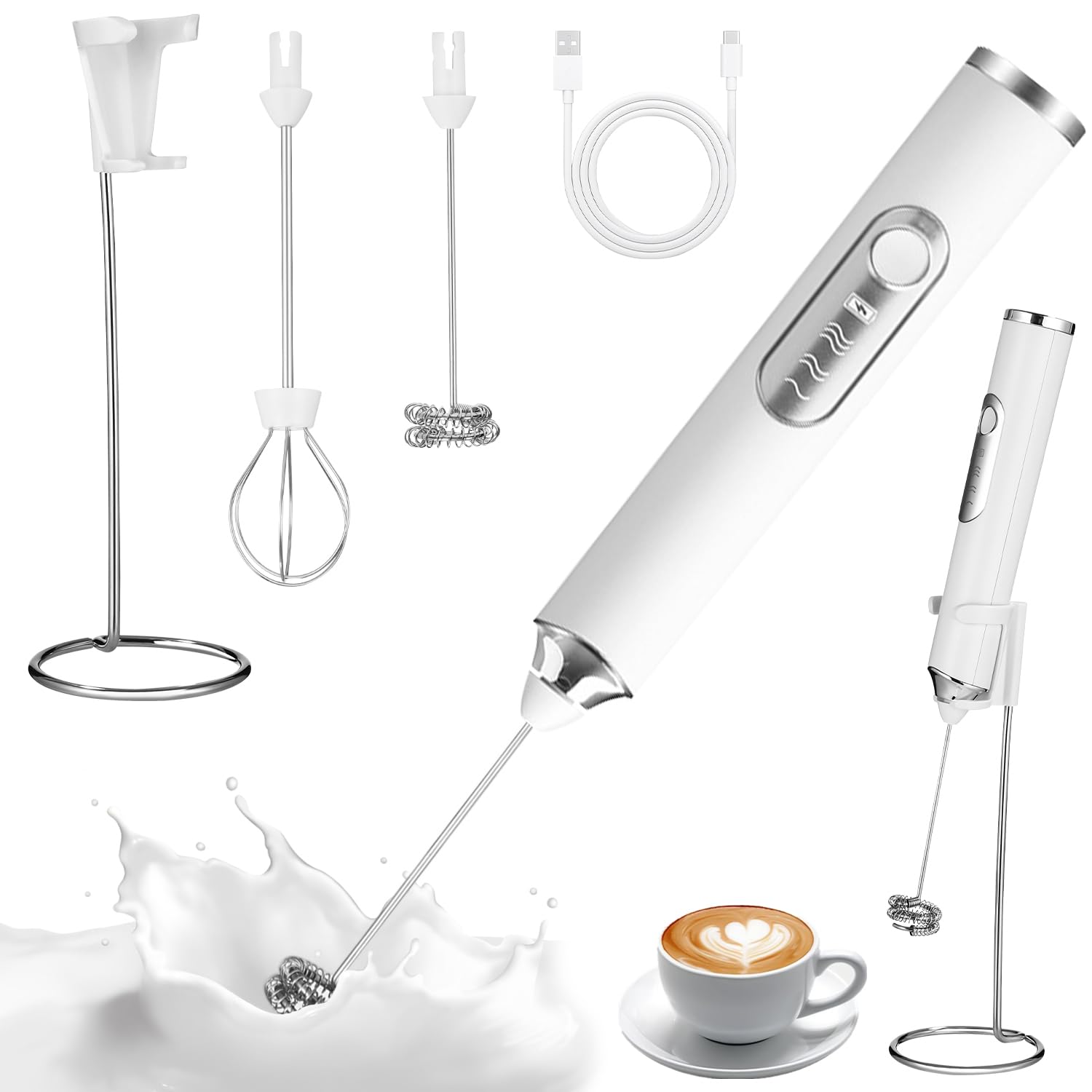Espumador de Leche Recargable USB Recargable Batidor de Leche Electrico Espumador de Leche Electrico de Mano con Batidor y Soporte de Acero Inoxidable, para Capuchino, Café, Matcha (Blanco)