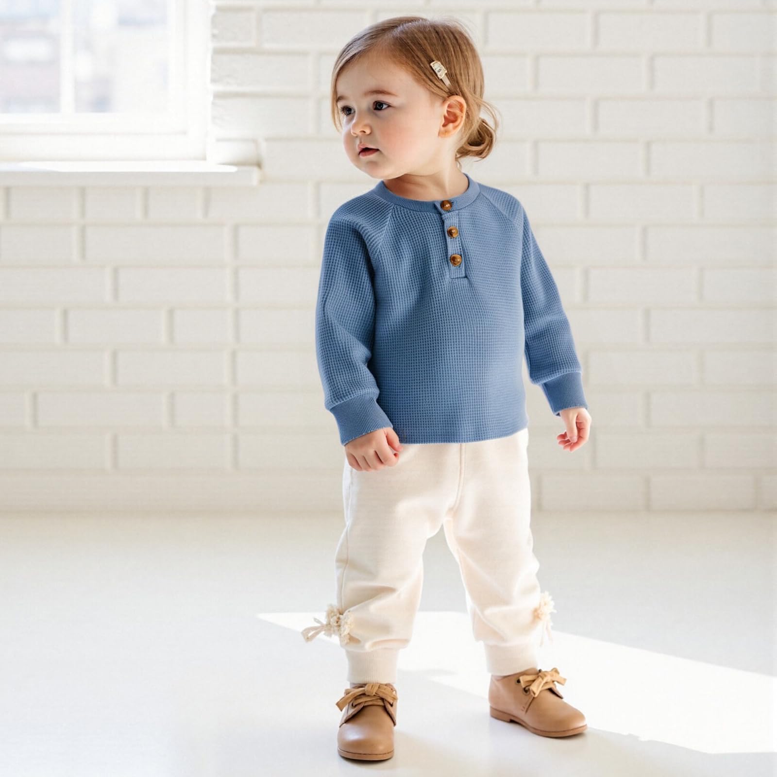 Awwpiely Toddle Baby Boy Sweatshirt Fall Winter Waffle Sweater Half Button-up Round Neck Long Sleeve Tops Casual Clothes (Blue, 3-4 Years)