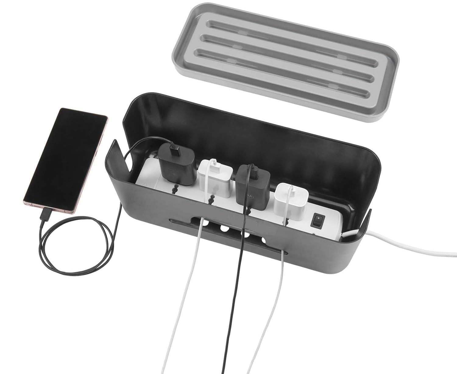 AASTIK SALES Cable Management Box with Phone/Tablet Stand, Multi-Purpose Desk Organizer, Heat Dissipation Design, Power Strip Cord Holder, Modern Simplistic Plastic Storage 3