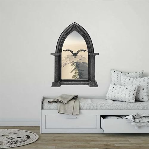 Adhesivo adhesivo de pared para ventana de castillo de dragón negro, mural de pelar y pegar, mural medieval de cuento de hadas de cuento de hadas