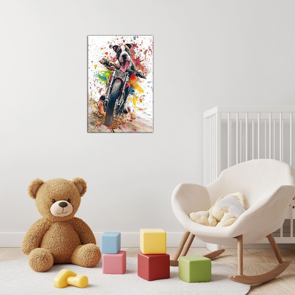 Axglnumber Great Dane Wall Art Funny Dog Riding a Motorcycle Wall Decor Painting Framed Dog Wall Art Animal Pictures for Living Room Decor 12x18 inches