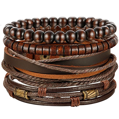 Jstyle 4Pcs Braided Leather Bracelet for Women Mens Cuff Bead Bracelet Set Adjustable Brown