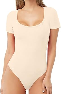 MANGDIUP Women's Scoop Neck T Shirts Basic Bodysuits Jumpsuits