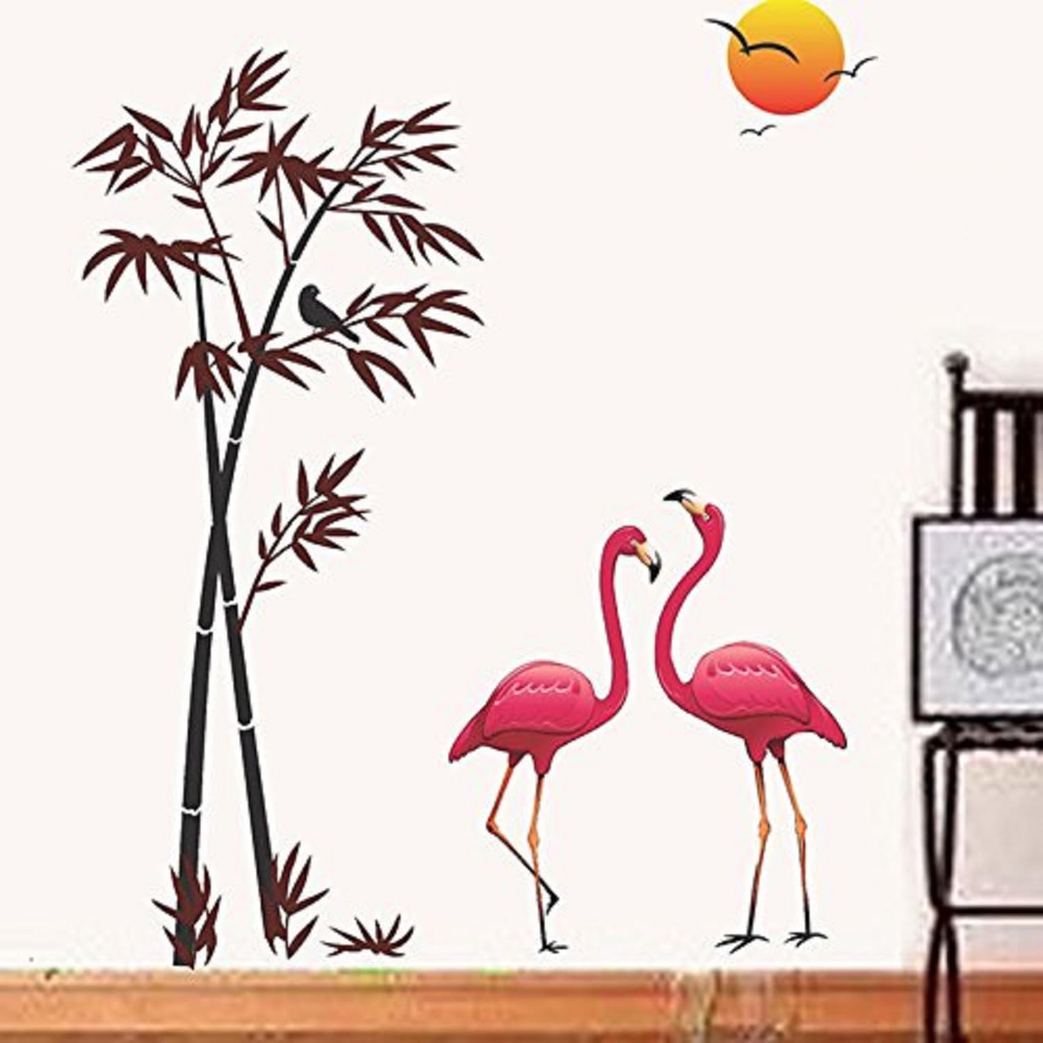 INKFENCE 101 cm Wall Decal Sticker Pink Flamingo Birds in Bamboo Tree & Sunset Background Self Adhesive Sticker (Pack of 1) (B0CDGV82FV) Amazon Price History, Amazon Price Tracker