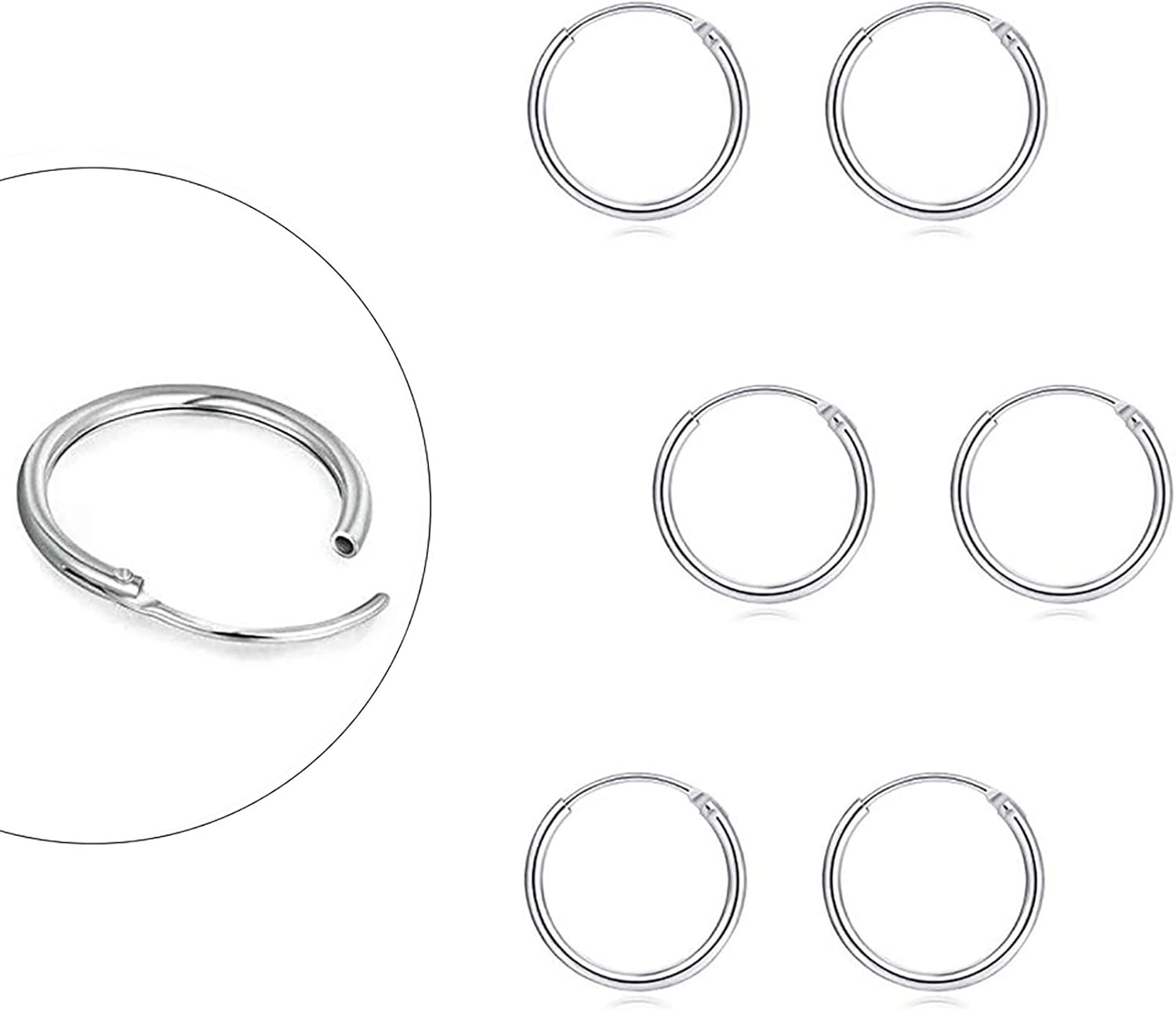 EPIRORA Sterling Silver Hoop Earrings for Women Men, Hypoallergenic Cartilage Earring Endless Small Hoop Earrings Set, 3 Pairs Tragus Earrings (8mm/10mm/12mm)