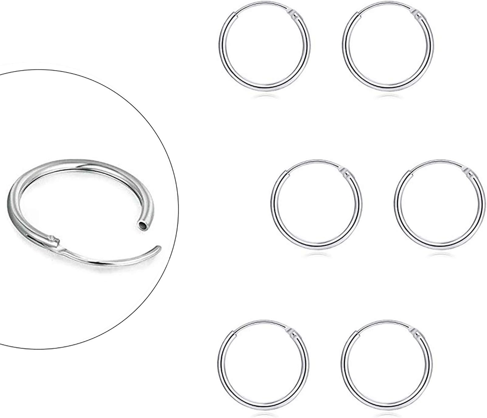 Sterling Silver Hoop Earrings for Women Men, Hypoallergenic Cartilage Earring Endless Small Hoop Earrings Set, 3 Pairs Tragus Earrings (8mm/10mm/12mm)
