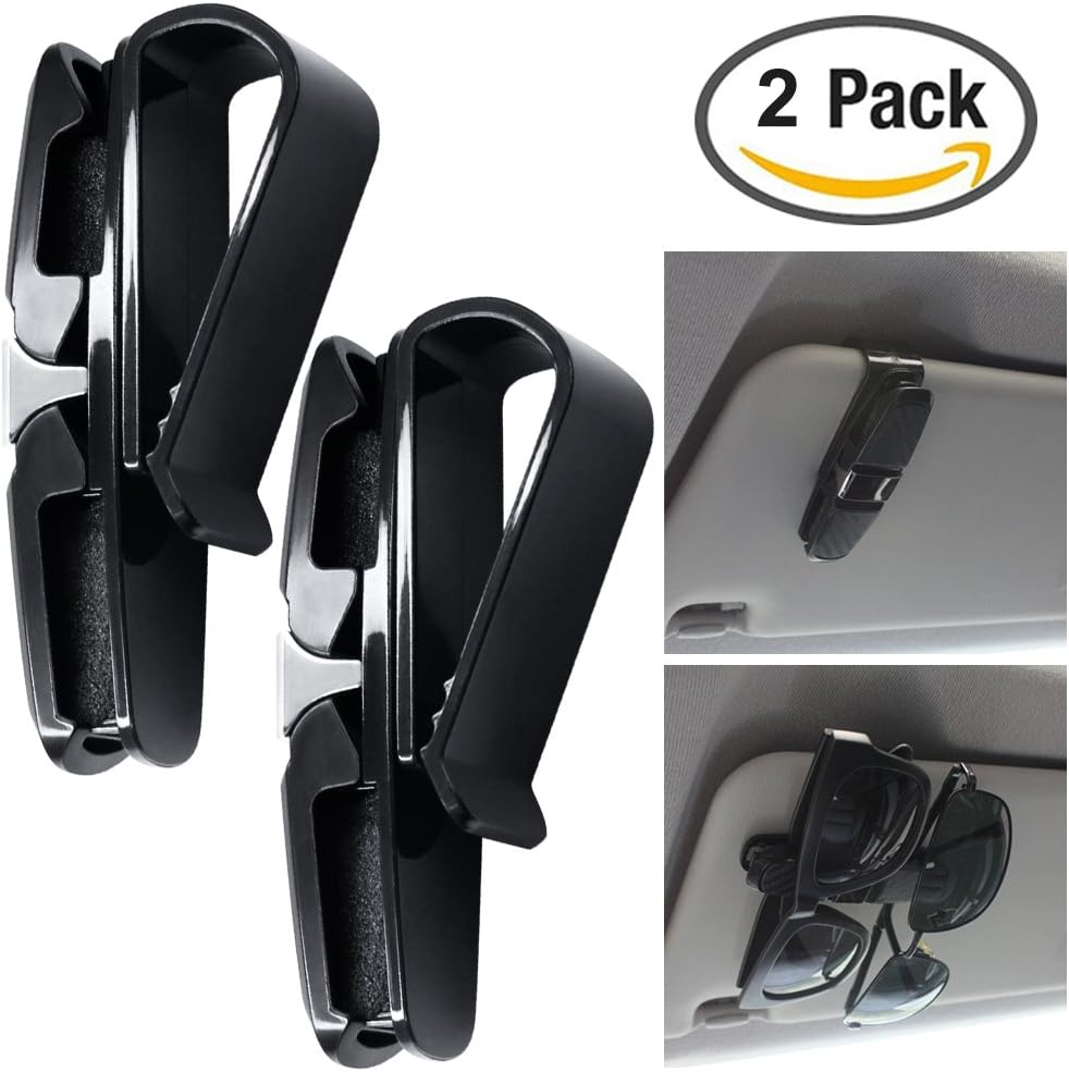 2 Pack Glasses Holders for Car Sun Visor, Sunglasses Eyeglasses Mount with Ticket Card Clip - Black