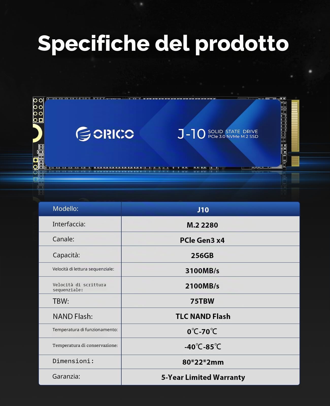 ORICO 512G NVMe SSD PCIe Gen3.0x4 2280, 3D NAND M.2 SSD (con Dissipatore di Calore), Velocità fino a 3100 Mo/s, Unità a Stato Solido Interne per Studenti/Creativi di Contenuti- J10