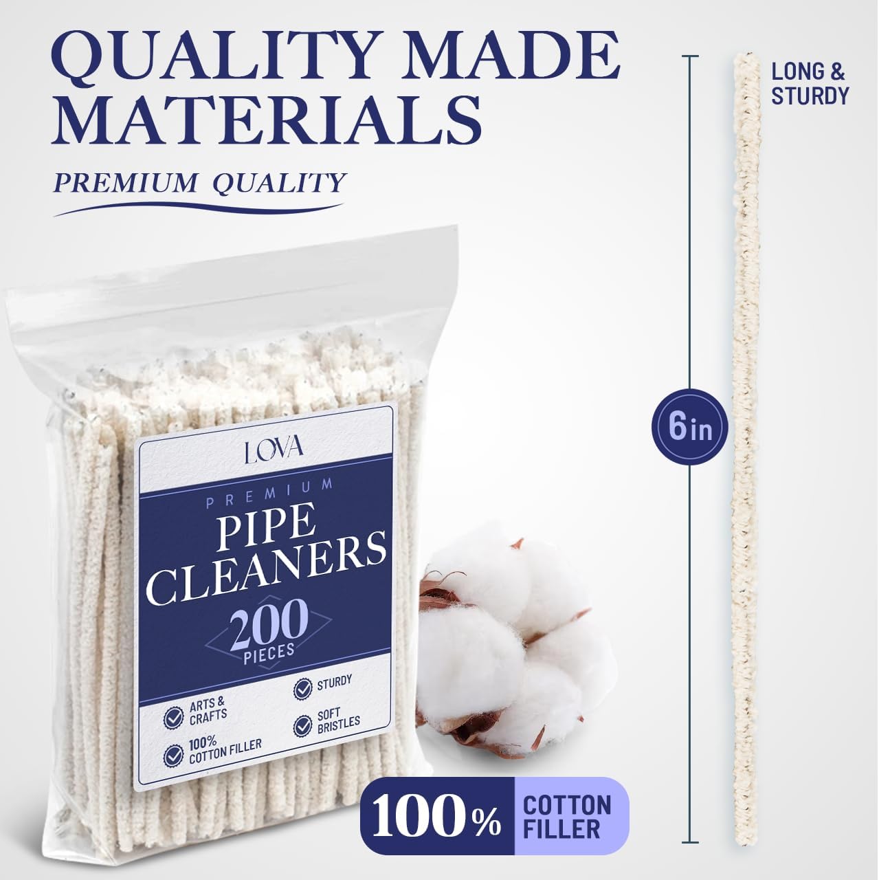 LOVA Soft Bristle Tobacco Pipe Cleaners, 200 Count 6-Inch 100% Cotton Stem Cleaning Brushes with Flexible Wire for Pipe Stems, Mouthpieces, Reusable Straws & Narrow Tubes