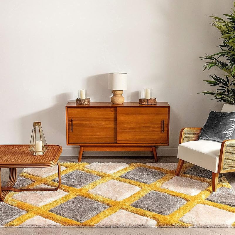Image of Shaggy Area Rug for Living Room and Bedroom 6X9 FT Soft Plush Floor Carpet with Fluffy Texture, Modern Decorative Rug,Bedside and Indoor Spaces,Silver-Yellow