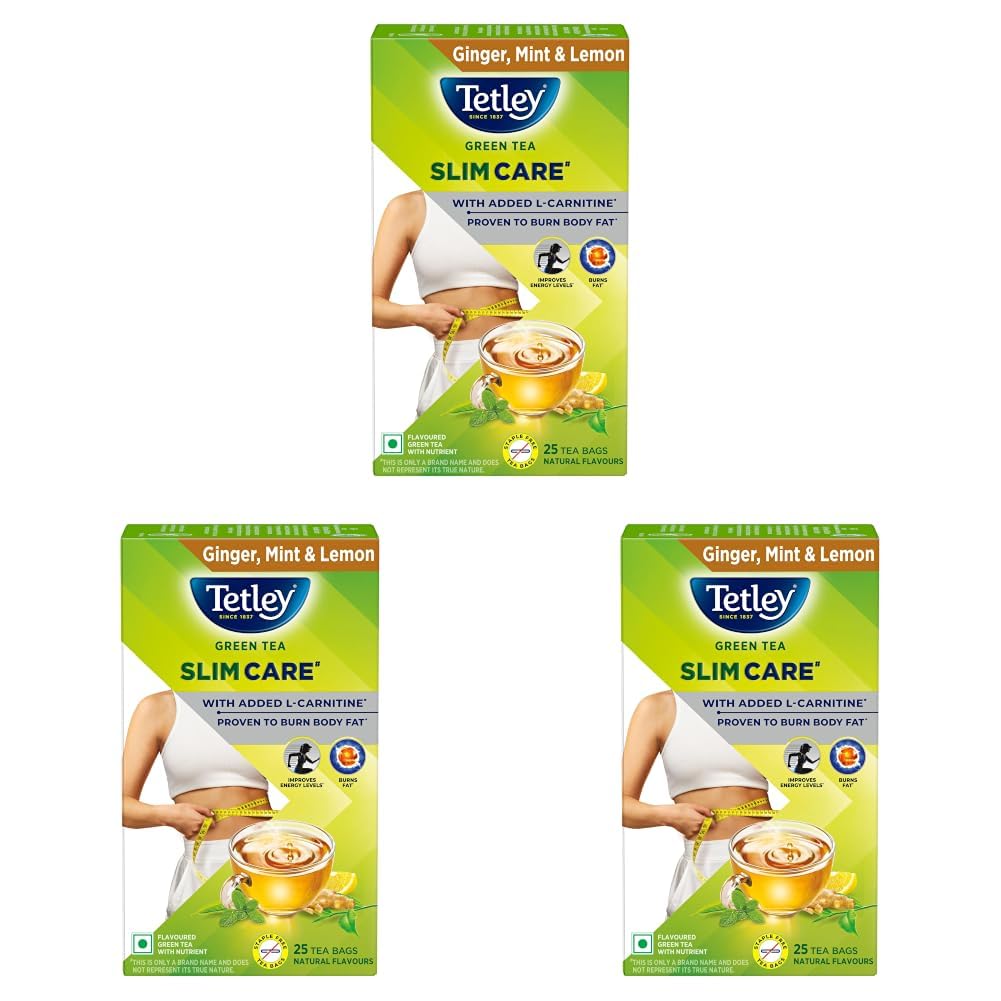 Tetley Green Tea Slim Care, With Added L-Carnitine, Helps Burn Body Fat, Boosts Energy, Low Calories, Delicious Natural Ginger, Mint and Lemon Flavours, Makes 25 cups (Pack of 3)-image-14