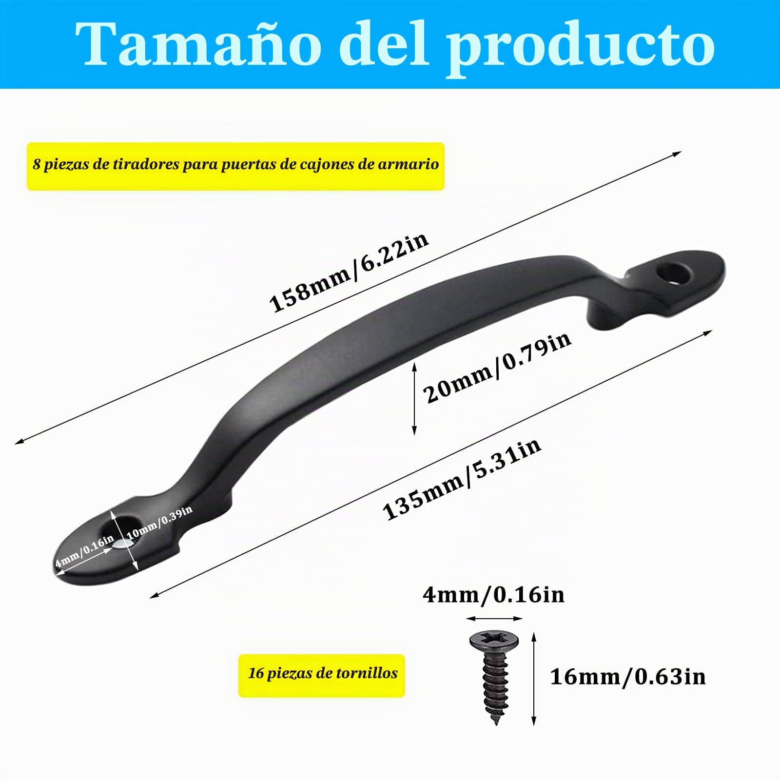 8 Piezas Manija Negra de Aleación de Zinc y Acero Inoxidable para Puerta de Muebles, Manejar Tiradores de Cajones Granero, Con 16 Tornillos, Para Armarios, Puertas de Jardín(158 x 20 mm)