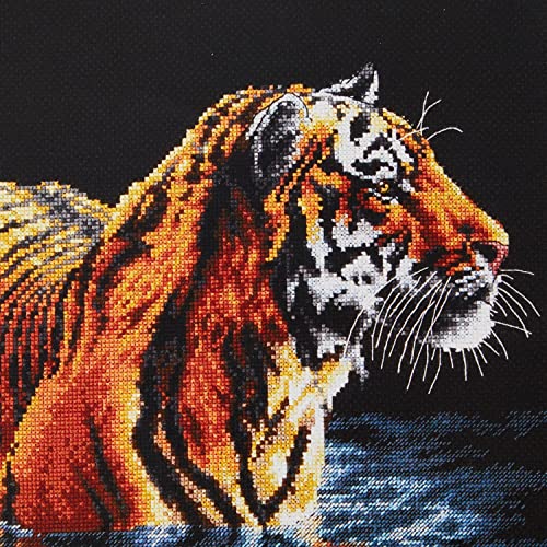 Image of Dimensions 'Tiger Chilling Out' Counted Cross Stitch Kit, 18 Count Black Aida, 9 inch x 14 inch