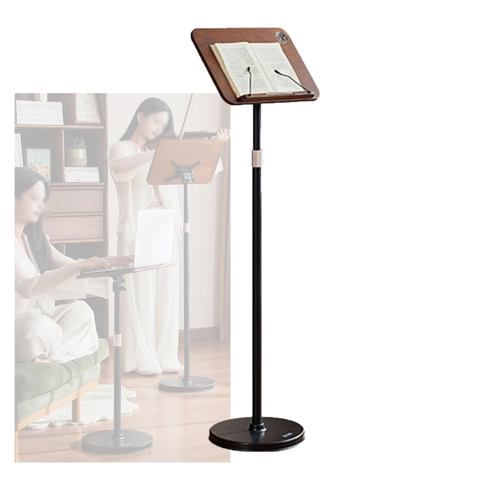Przenośny Stojak Na Laptopa, Stojak Do Czytania Z Klipsami, Podium Biurkowe Z Regulacją Wysokości, Obrotowy Blat Drewniany O 180°, Udźwig 15 Kg(55-130cm)