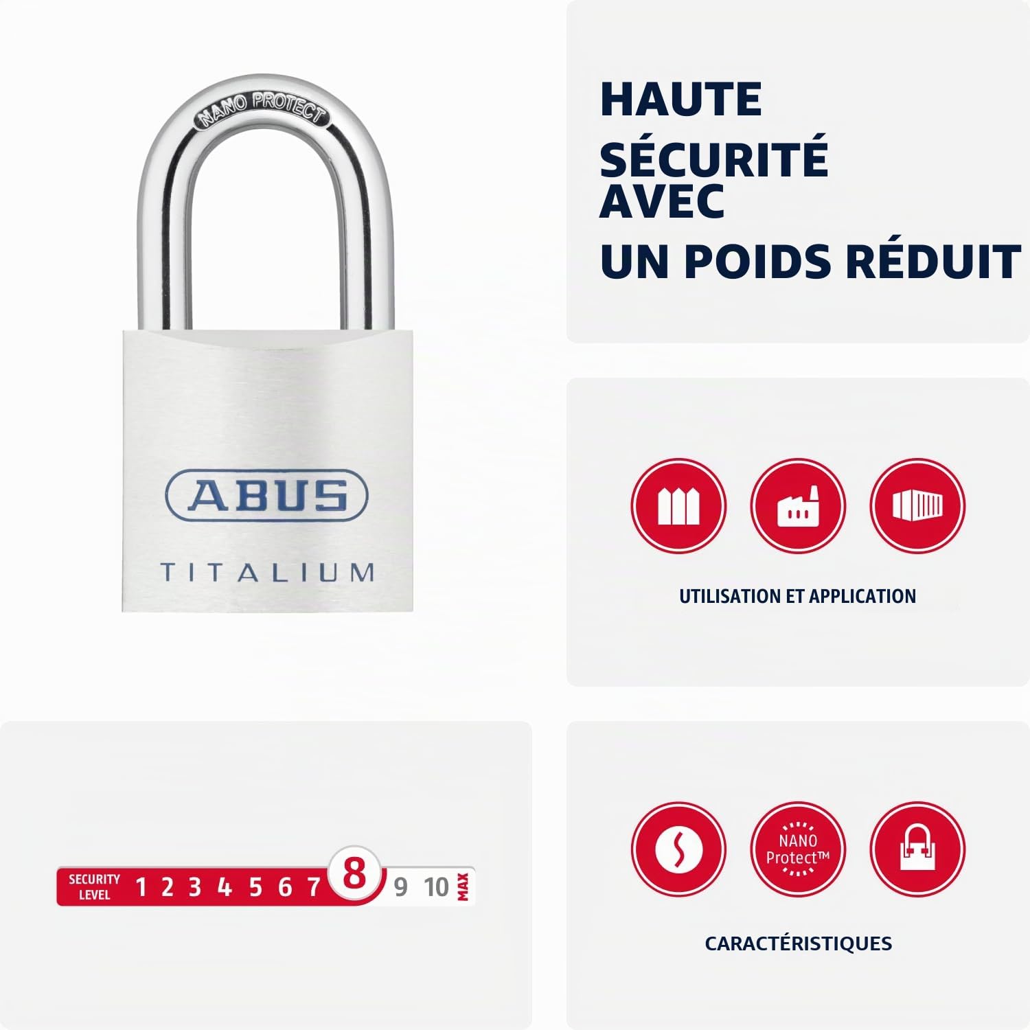 Abus Titalium Cadenas 562365-80TI/50KA8012 Arc Nano protect Clé à 6 goupilles 50 mm avec clés identiques