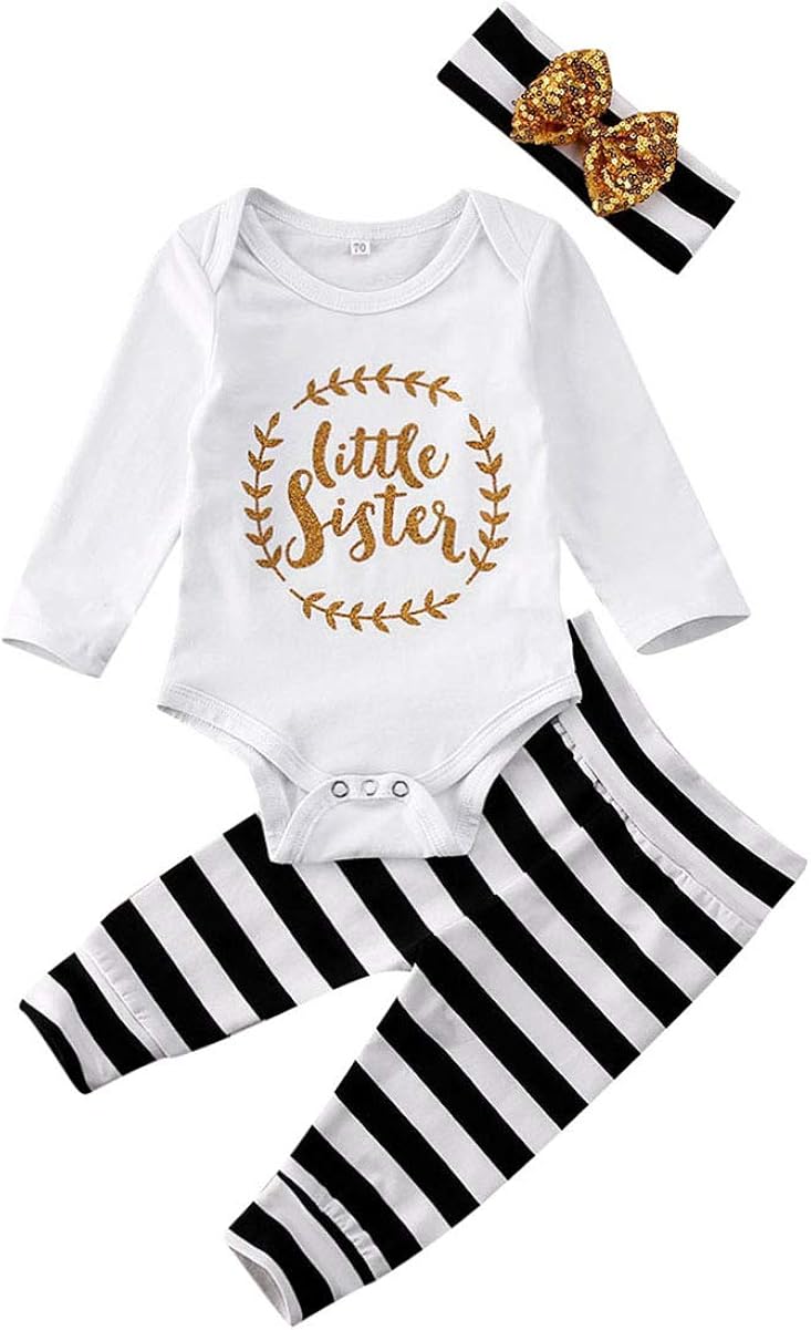 Baby Girls Little Sister Bodysuit Tops Floral Pants Bowknot Headband Outfits Set