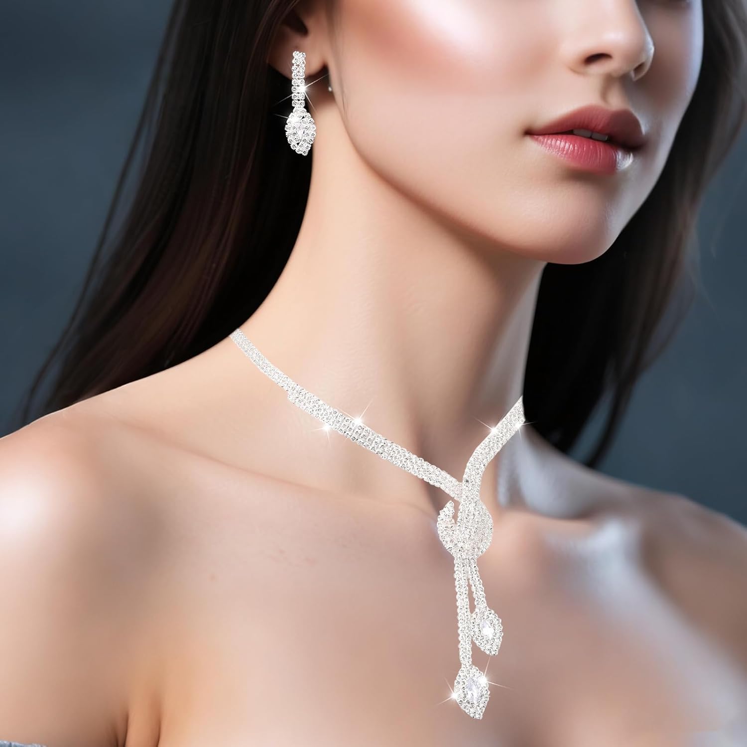 Rhinestone Bridal Wedding Jewelry Set, Silver Crystal Wedding Necklace & Earrings Set Formal Prom Costume Jewelry for Women and Bridal Dress Accessories Gifts - Image 4