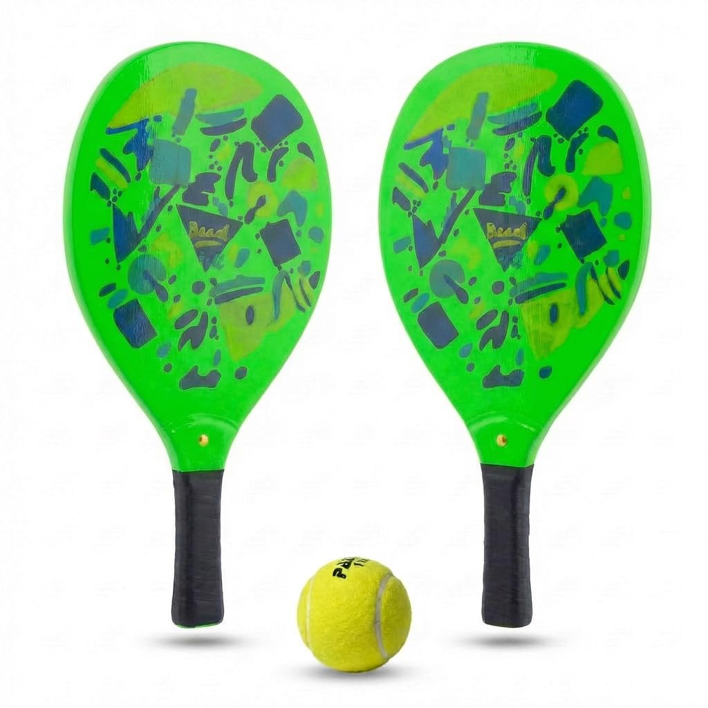 Coppia Racchette da Spiaggia Padel Beach Tennis con Pallina Morbida Set Racchettoni in Legno Mare, Spiaggia Piscina Mare Giardino, Beach Rackets Set N 2 Racchette, N 1 Pallina