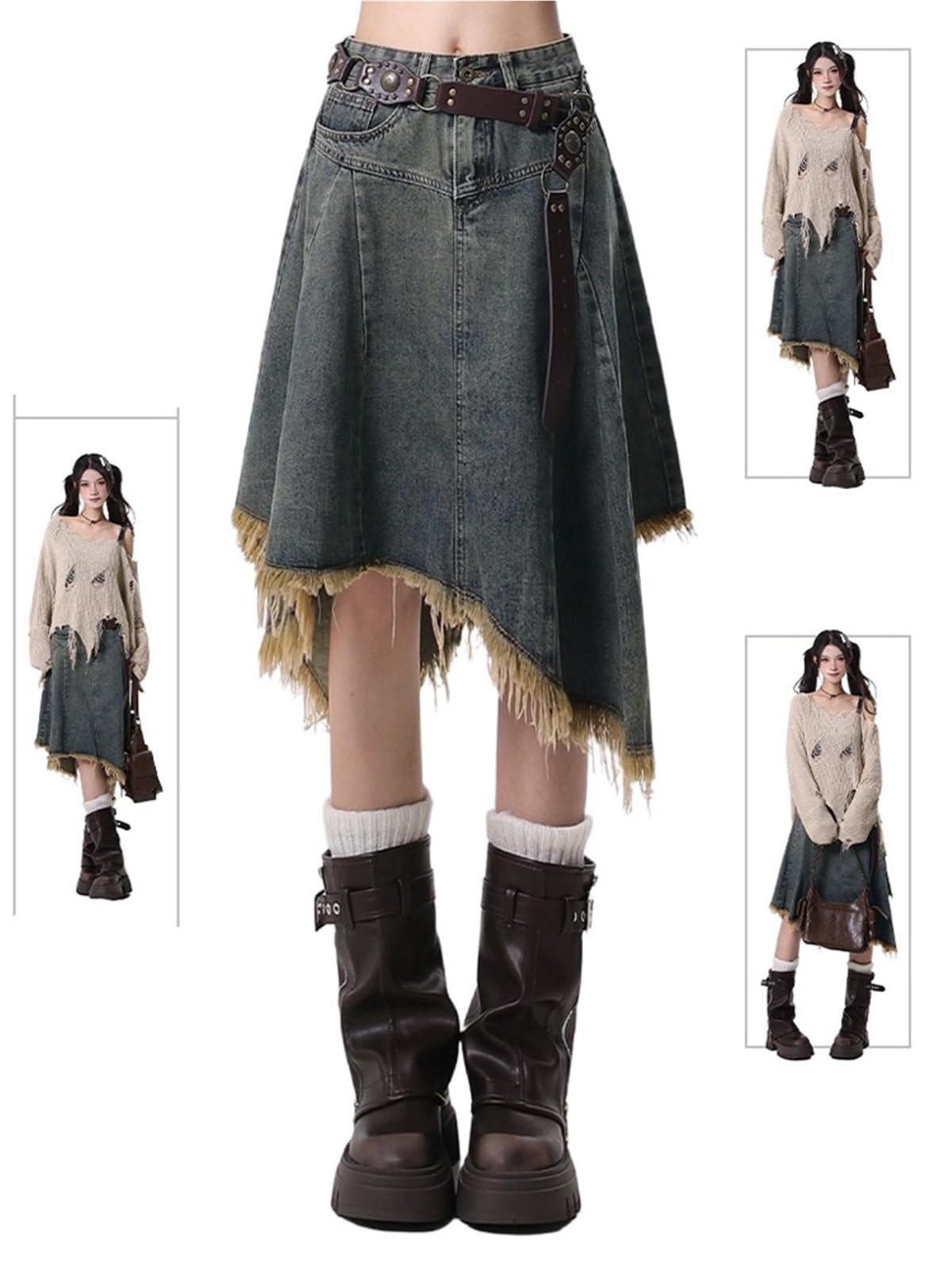 Gonna longuette da donna estiva irregolare in denim a trapezio