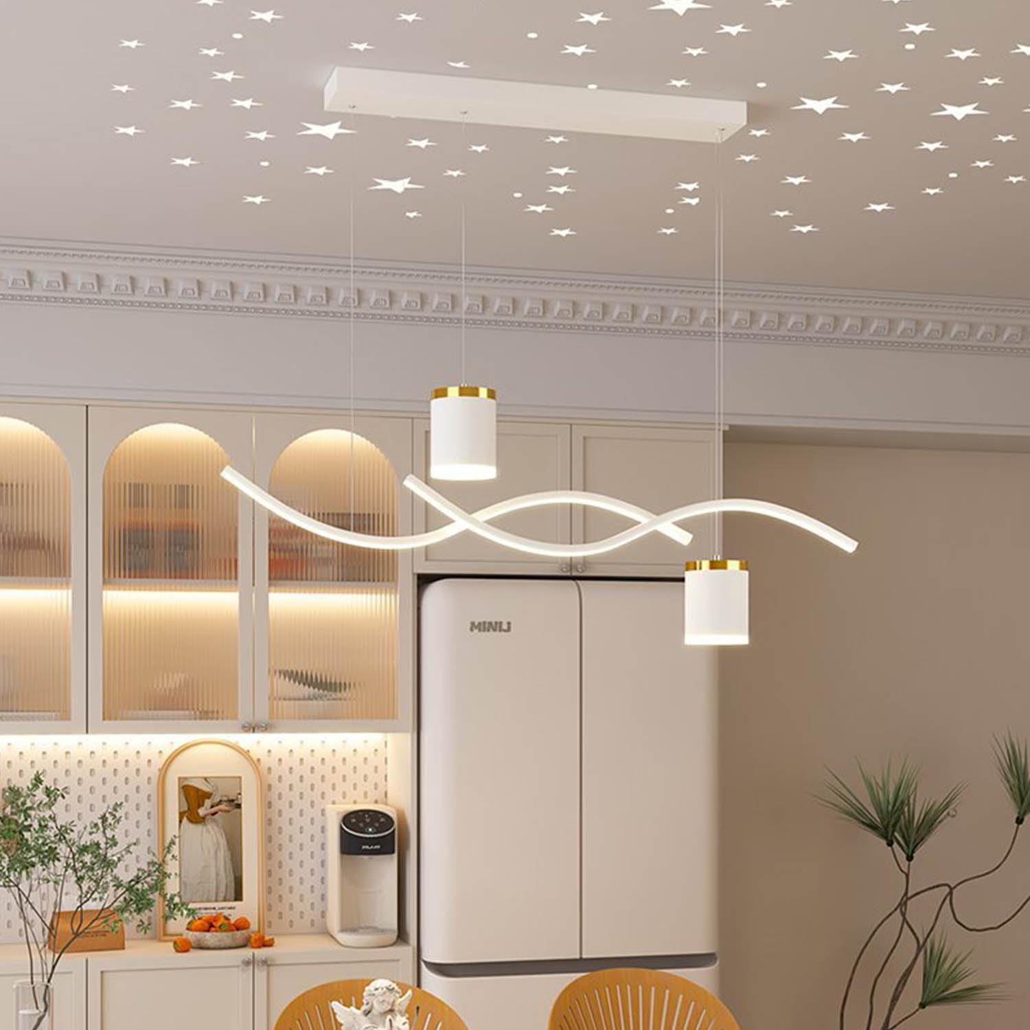 Aleaty Modern LED Pendant Lamp Dining Table Pendant Lamp 68W Starry Sky Converged Chandelier Dimmable Pendant Lamp with Remote Control Dining Room Lamp 90cm Height Adjustable (White)
