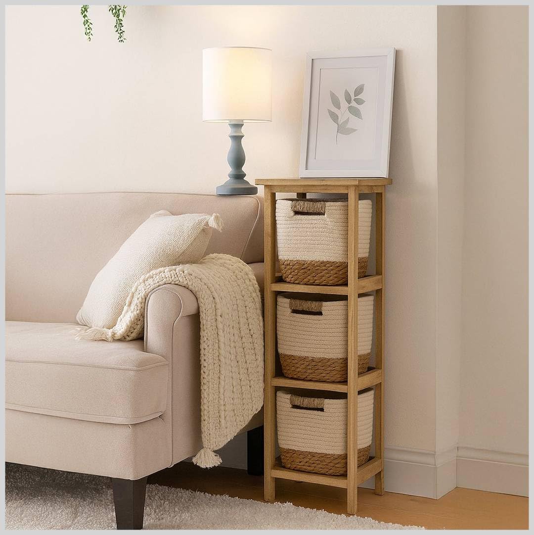 Cassettiera Comò Multiuso in Legno Naturale, Cassetti, Salvaspazio, per Bagno, Cucina e Sala, Uso Interno ed Esterno (3 ceste 25x25x77)