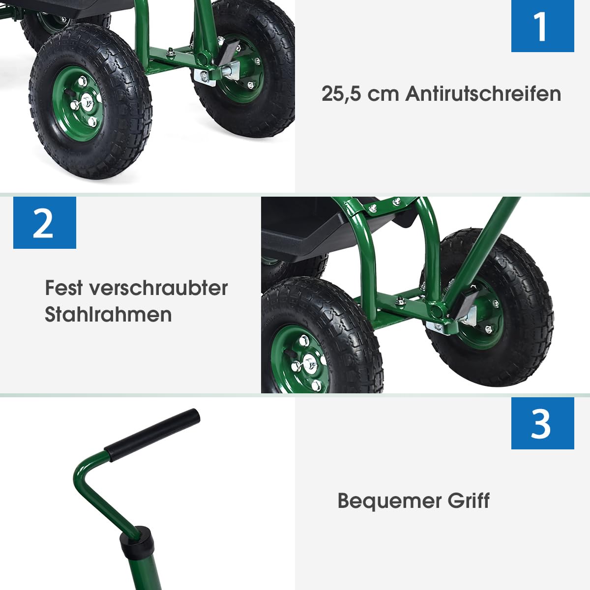COSTWAY Rollsitz mit Rollen, Gartenwagen mit ausziehbarem Griff & Korb, 360 ° drehbar | höhenverstellbar| bis 150kg, fahrbarer Gartensitz, Gartenrollsitz für Gartenarbeit, Grün (96,5x47,5x47-55cm)