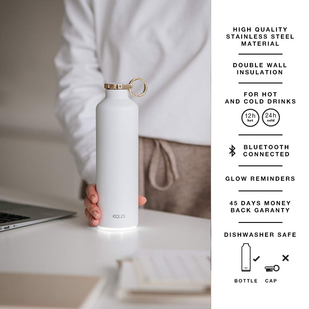 EQUA Smart Trinkflasche – 23 oz – Bluetooth Verbindung mit App und Lichtsignal Erinnerungen – Doppelwandige Vakuum-Isolierflasche aus Edelstahl - Metalldeckel, White, MT 14
