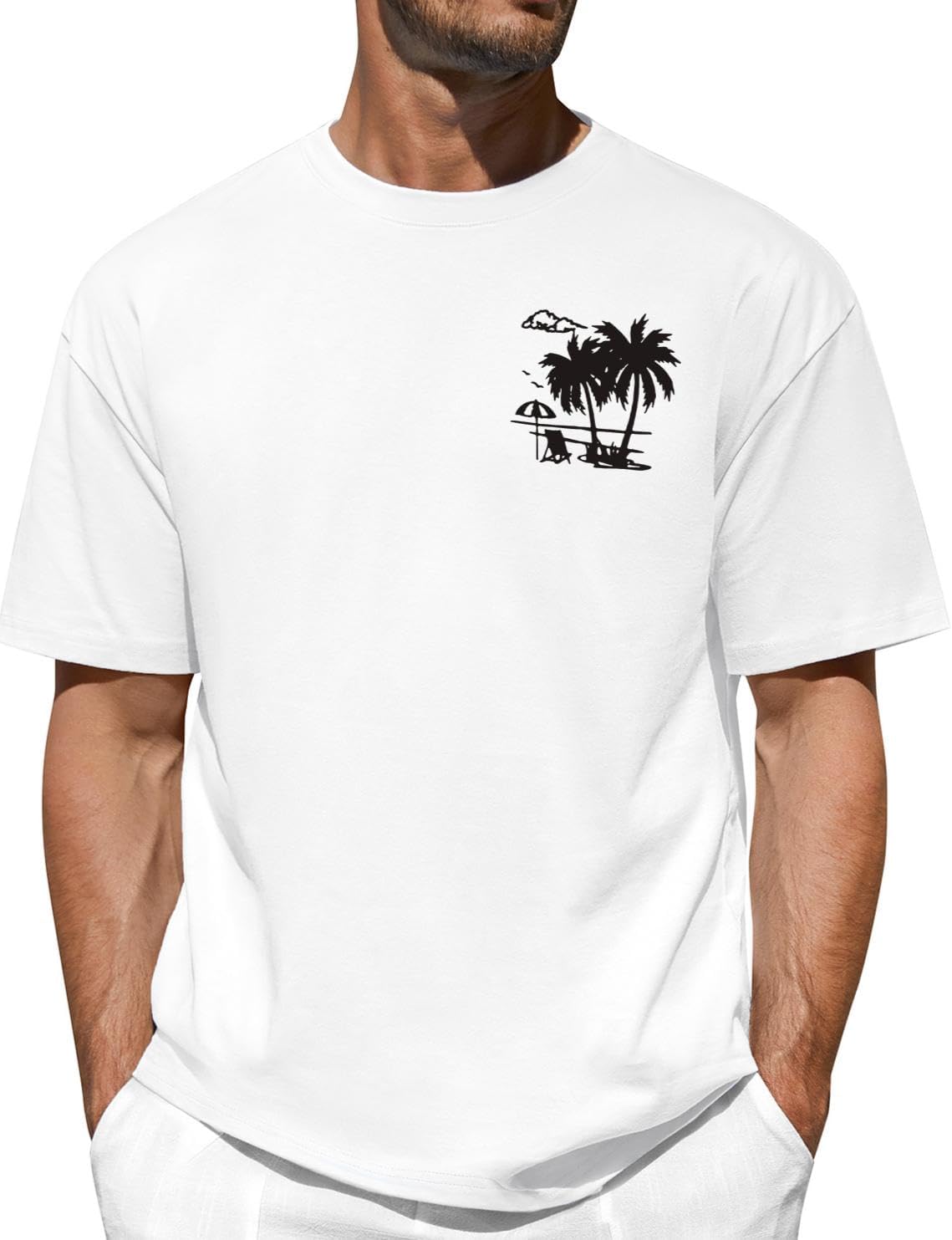 Lonya Tee Shirt Homme Oversized Été, Graphic T-Shirts à Manches Courtes 100% Coton Imprimé Palmier Vagues Coucher de Soleil Col Rond Basique Casual Plage Vacances Tops