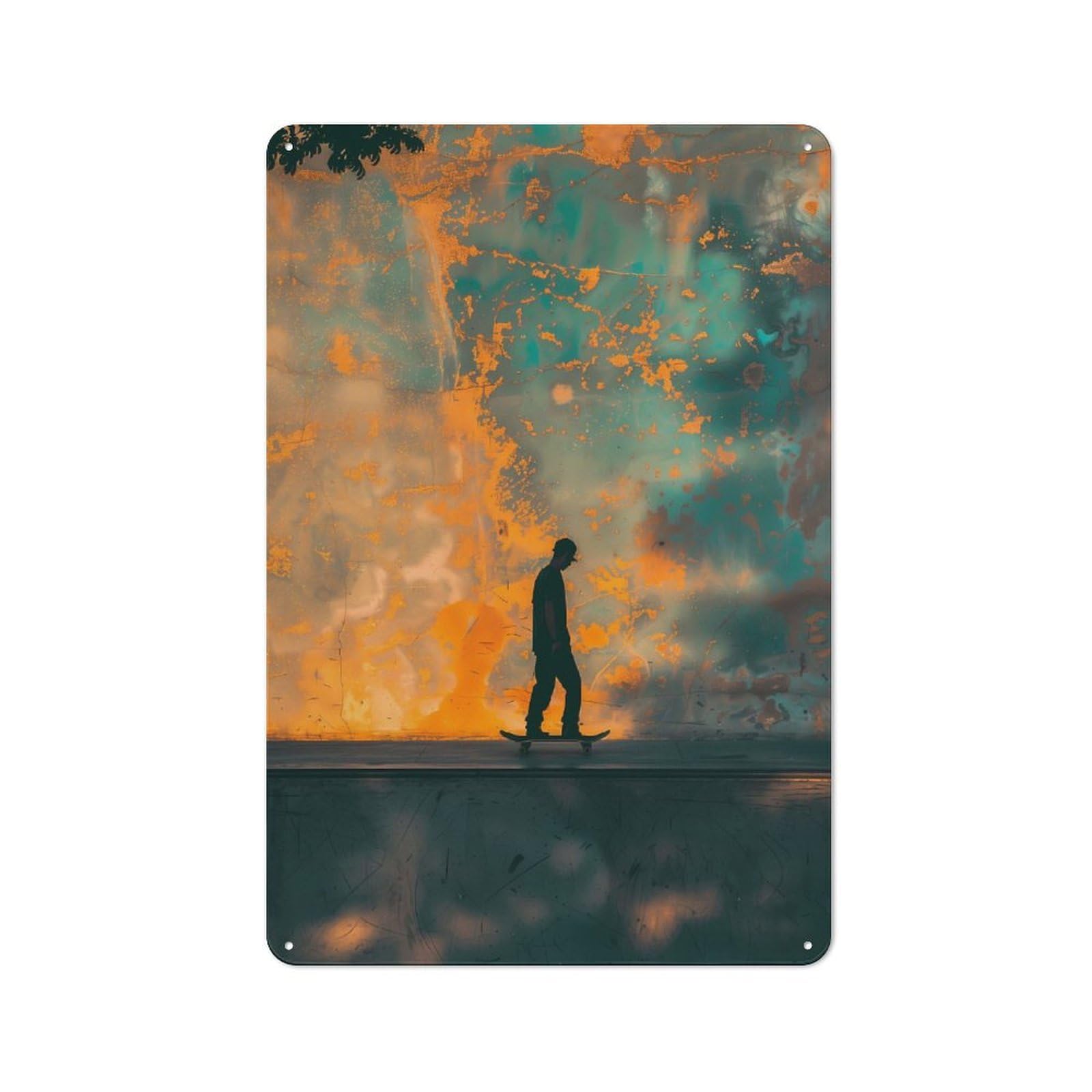 Cafe Style Decorative Metal Plaque 30x20cm Featuring Skateboarders Twilight, Bistro Wall Plaque for Tea Room, Shop Wall Or Breakfast Area