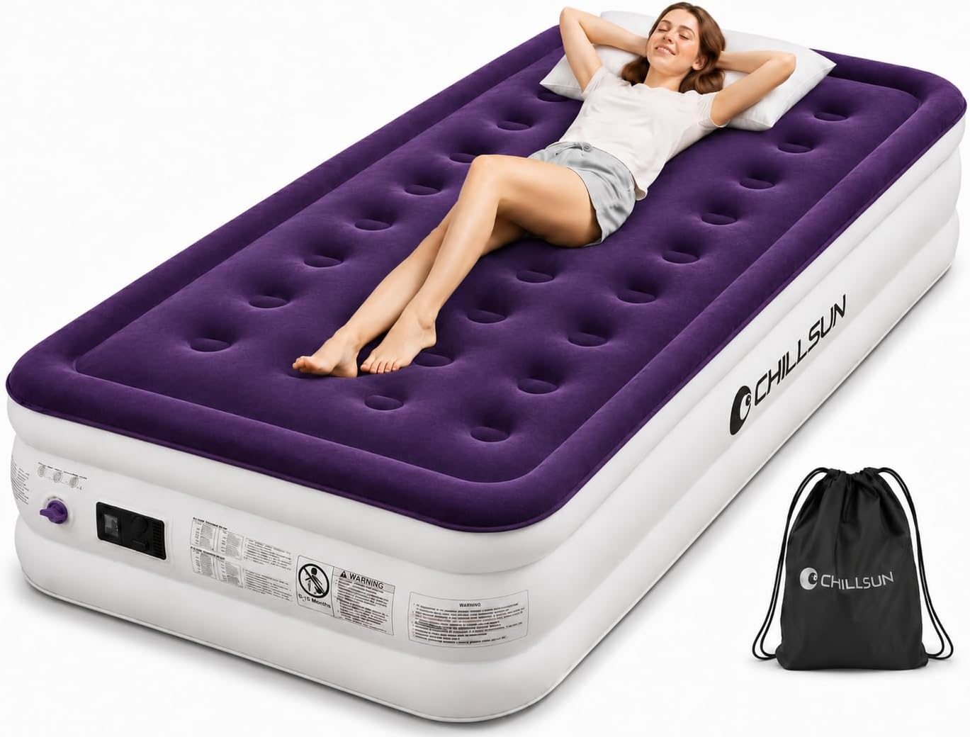 CHILLSUN Twin Air Mattress with Built in Pump, 18" Leak-Proof Blow up Mattress, Inflatable Mattress for Guest Home Portable, Camping Travel Air Bed, 2 Mins Quick Self-Inflation Colchon Inflable