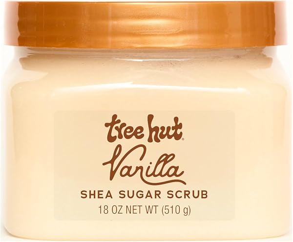 Close-up of the Tree Hut Vanilla Shea Sugar Scrub jar, showcasing its texture and label.