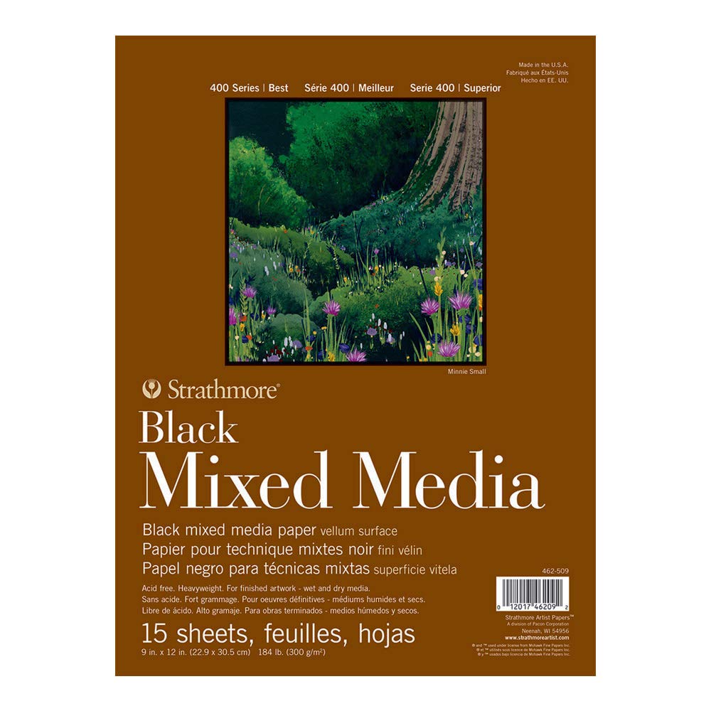 Strathmore 400 Series Mixed Media Paper, Black, Foldover Pad, 9x12 inches, 15 Sheets (184lb/300g) - Artist Paper for Adults and Students - Watercolor, Gouache, Graphite, Ink, Pencil, Marker