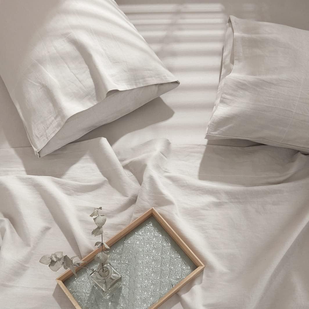 HYPREST 100% Washed Linen Sheets Queen, 4 Pcs Super Soft Breathable Durable Luxury Natural Linen Bed Sheets Deep Pocket, Moisture-Wicking Cool Sheets for Hot Sleepers.