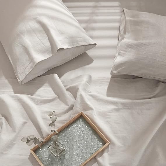 HYPREST 100% Washed Linen Sheets Queen, 4 Pcs Super Soft Breathable Durable Luxury Natural Linen Bed Sheets Deep Pocket, Moisture-Wicking Cool Sheets for Hot Sleepers.
