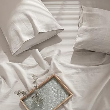 HYPREST 100% Washed Linen Sheets Queen, 4 Pcs Super Soft Breathable Durable Luxury Natural Linen Bed Sheets Deep Pocket, Moisture-Wicking Cool Sheets for Hot Sleepers.