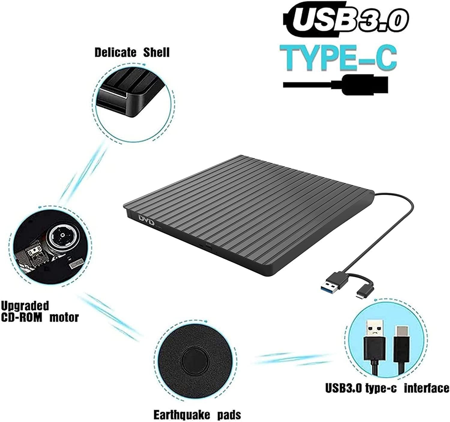 External CD/DVD Drive for Laptop USB-C & USB 3.0 CD/DVD ROM Drive Reader Writer DVD Burner Compatible with Laptop PC