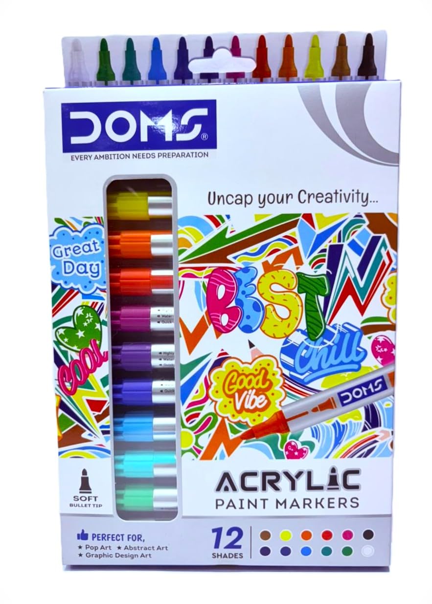 Doms Acrylic Paint Marker- 12 Assorted Shades| Soft Bullet Tip| Bright & Rich Colours| Perfect For Pop, Abstract & Graphic Design Art| Pack of 1-image-9