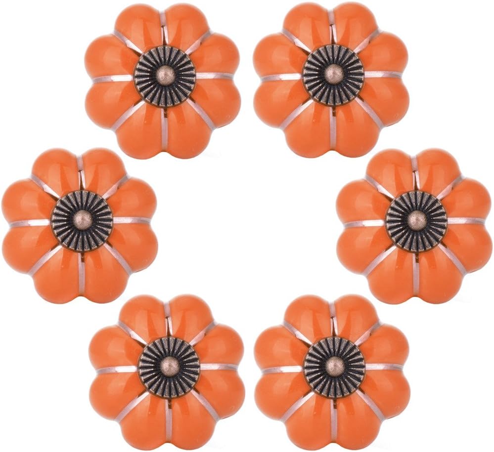 Wolfteeth Decorative Pumpkin Cabinet Knobs - 1-1/2 Inch Ceramic Drawer Pulls for Kitchen, Dresser - Orange 6pcs