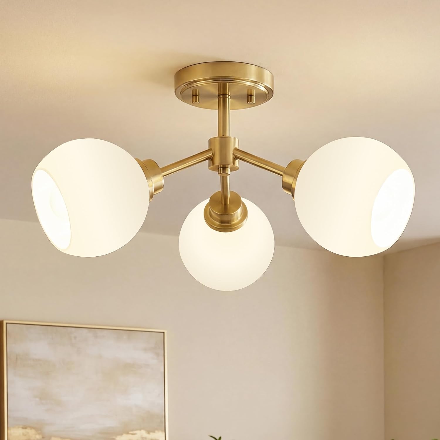 3-Light Semi Flush Mount Ceiling Light, Modern Light Fixtures Ceiling Mount with Globe Milk White Glass Shade, Brushed Gold Light Fixtures for Kitchen Entryway Hallway Bedroom, SM195-BG-ML-3
