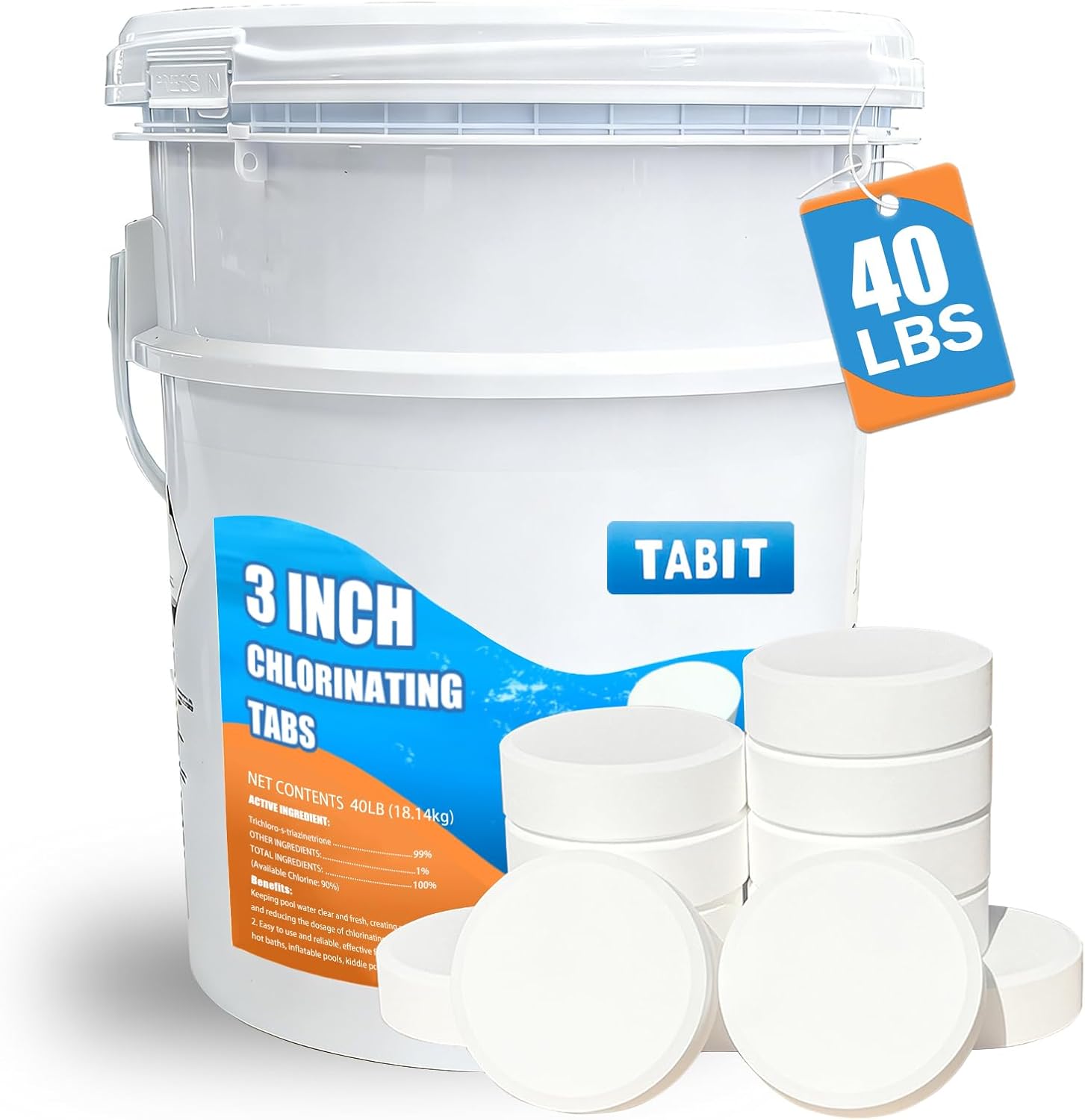 Chlorine Tablets 3 inch 40 Pounds, TABIT Swimming Pool Long Lasting Chlorinating Tablets, Slow Dissolving, Tri-Chlor for Swim Pool, Hot Tubs, Spa