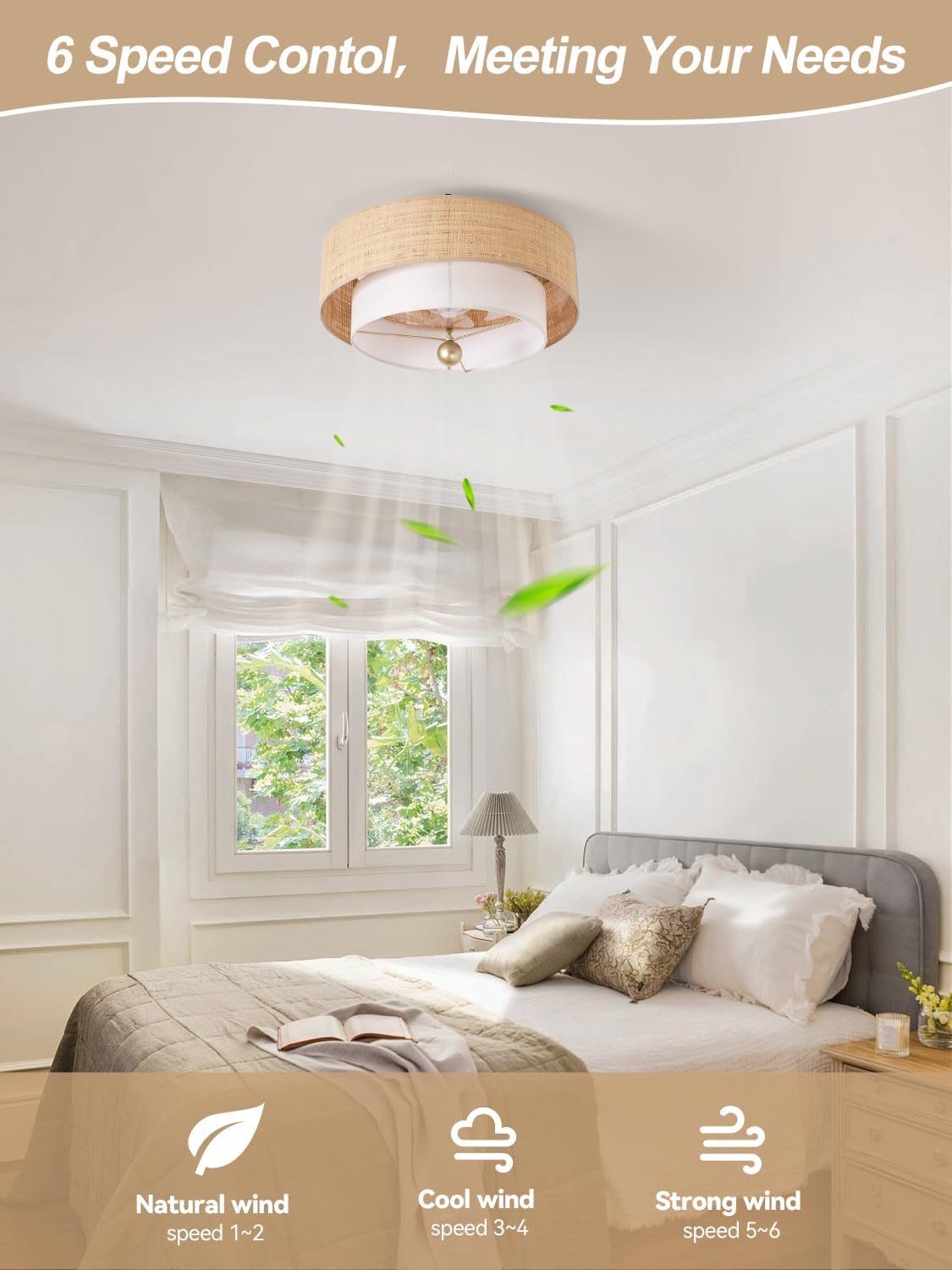 Flush Mount Ceiling Fan with Lights, 20" Caged Boho Ceiling Fan with Light Remote Control, Low Profile Bladeless with 6 Speeds, Drum Rattan Fabric for Bedroom, Nursery, Dining Room, Living Room