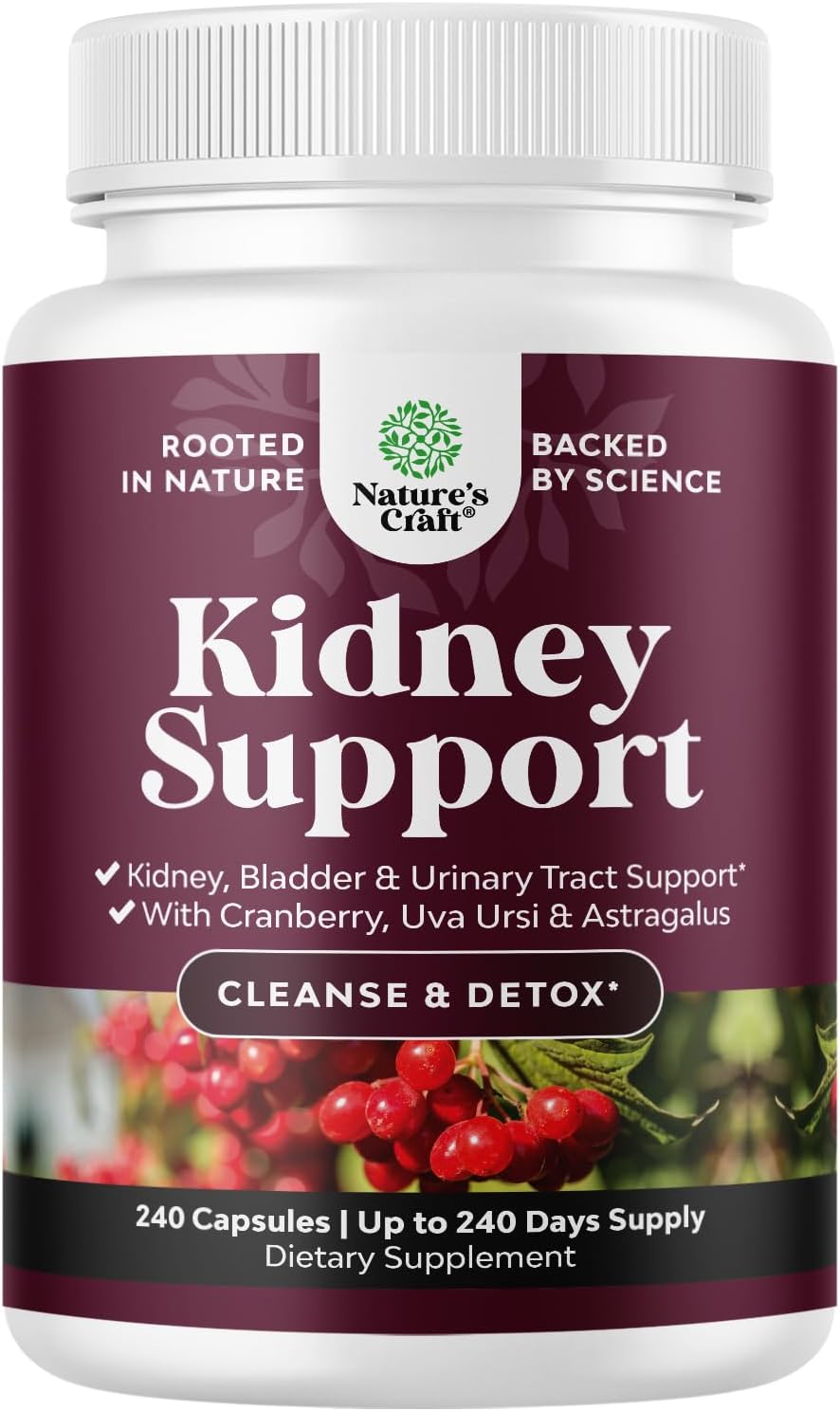 Advanced Kidney Support Supplement - Kidney Cleanse Detox & Repair Cranberry Extract Capsules with Uva Ursi, Stinging Nettle & Astragalus for Kidney Health - Urinary Tract Health - 240 Count