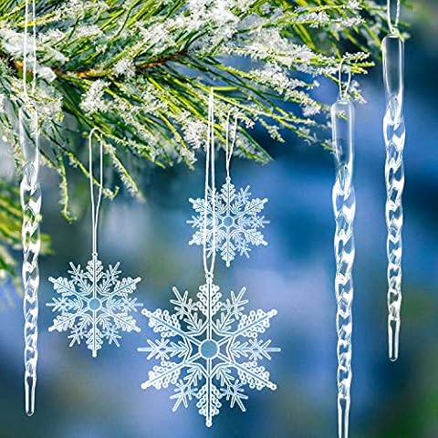 Schneeflocken Eiszapfen Weihnachtsdeko Christbaumschmuck Eiszapfen Anhänger 30 Stück Acryl Eiszapfen Deko Weihnachtenbaum Anhänger Cover