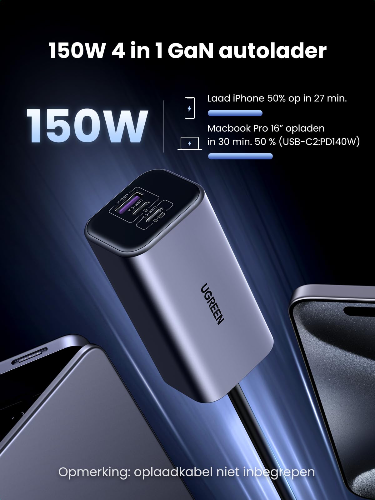 UGREEN sigarettenaansteker USB C 130W USB C autolader 3-poorts autolader met USB C-kabel Compatibel met MacBook Pro, iPhone 17/17 Pro Max/17 Pro/16/16 Pro/15/14/13/12, iPad Pro, Galaxy S25/S24, enz UGREEN sigarettenaansteker USB C 130W USB C autolader 3-poorts autolader met USB C-kabel Compatibel met MacBook Pro, iPhone 17/17 Pro Max/17 Pro/16/16 Pro/15/14/13/12, iPad Pro, Galaxy S25/S24, enz