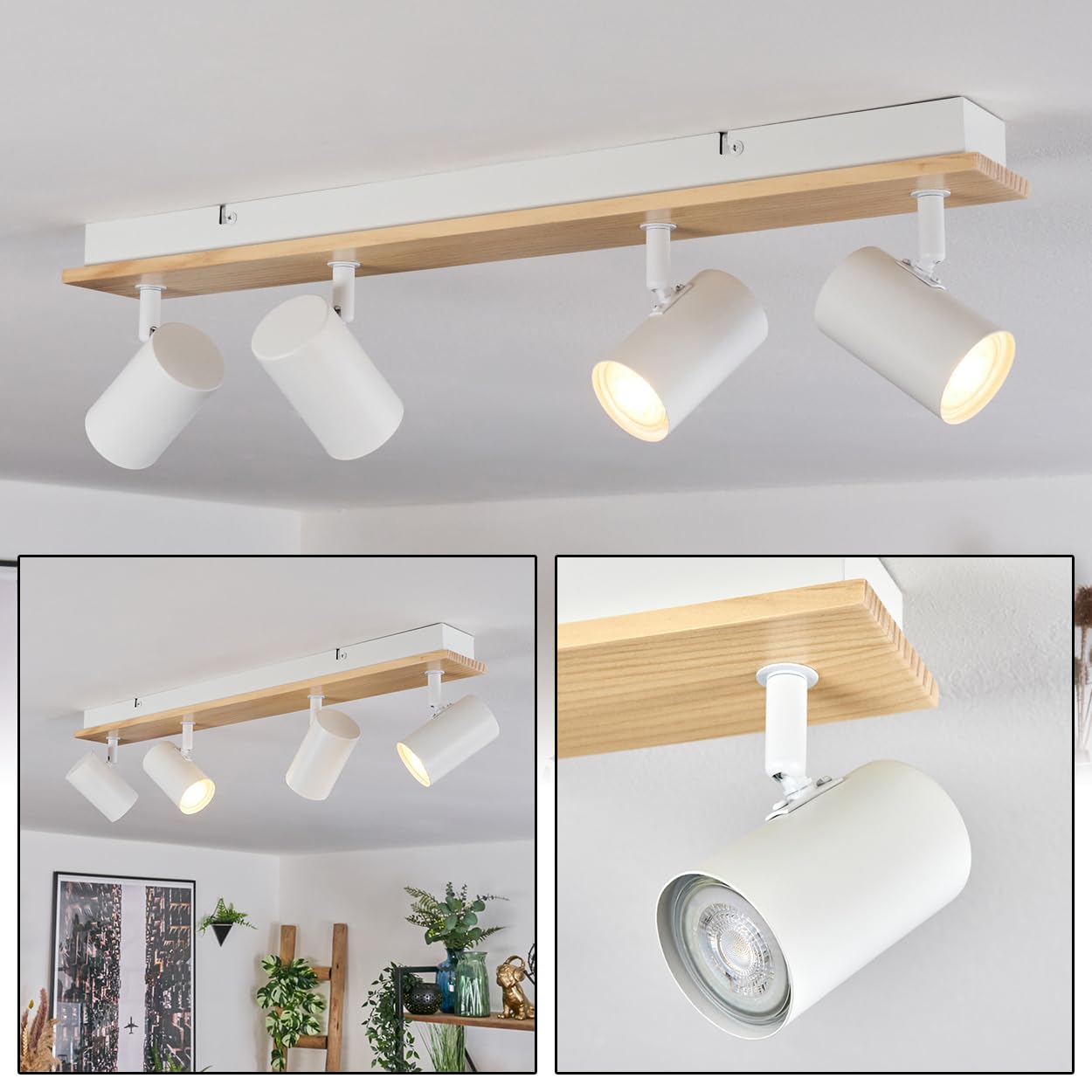 HOFSTEIN Deckenleuchte Gesteira, 4-flammige Deckenlampe aus Metall/Holz in Weiß/Natur, Leuchte im Boho-Design mit verstellbaren Schirmen, GU10, Esszimmer, Wohnzimmer, Küche, Schlafzimmer, Flur