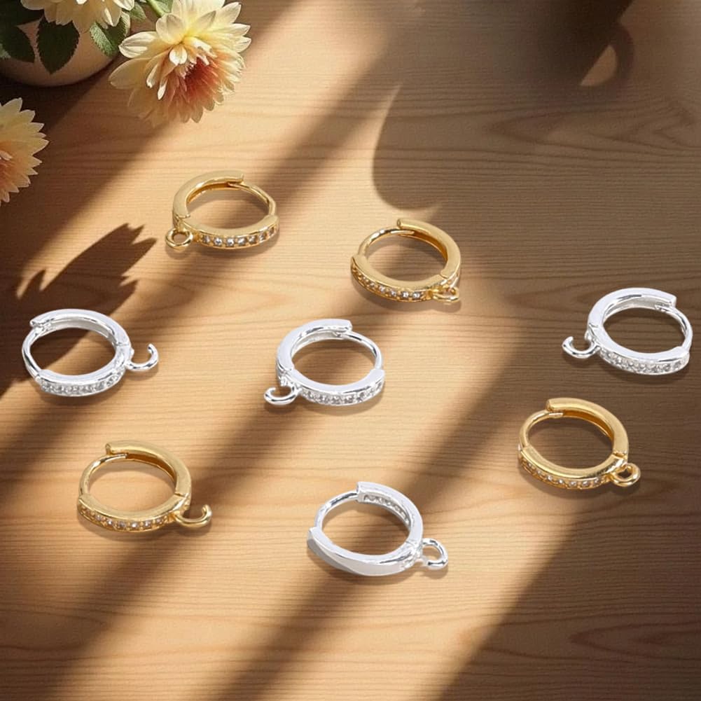 Beebeecraft 12Pcs 2 Colors Huggie Hoop Earring Findings 24K Gold & Sterling Silver Plated Round Leverback Earring Hooks with Loop for Jewelry Making DIY Ear Craft Accessories Supplies