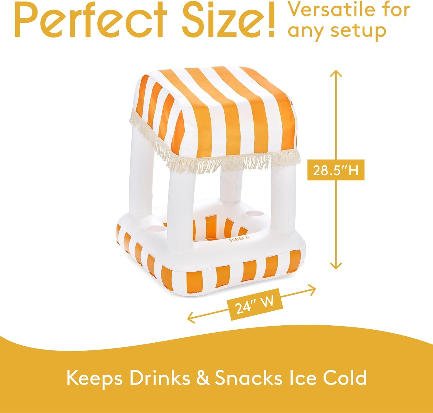 FUNBOY Cabana Stripe Pool Float Drink Holder, 24" Inflatable Floating Drink Station with Removable Fabric Shade for Summer Parties, Table-Top Decor and in-Pool Refreshments, Yellow & White