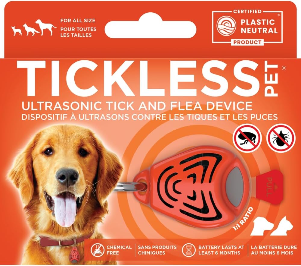 Tickless Pet Ultrasonic Anti Tick Bite and Flea Spread Device Orange | Fragrance-Free Protection for Cats and Dogs Lasts 6 Months | On Collar and Harness