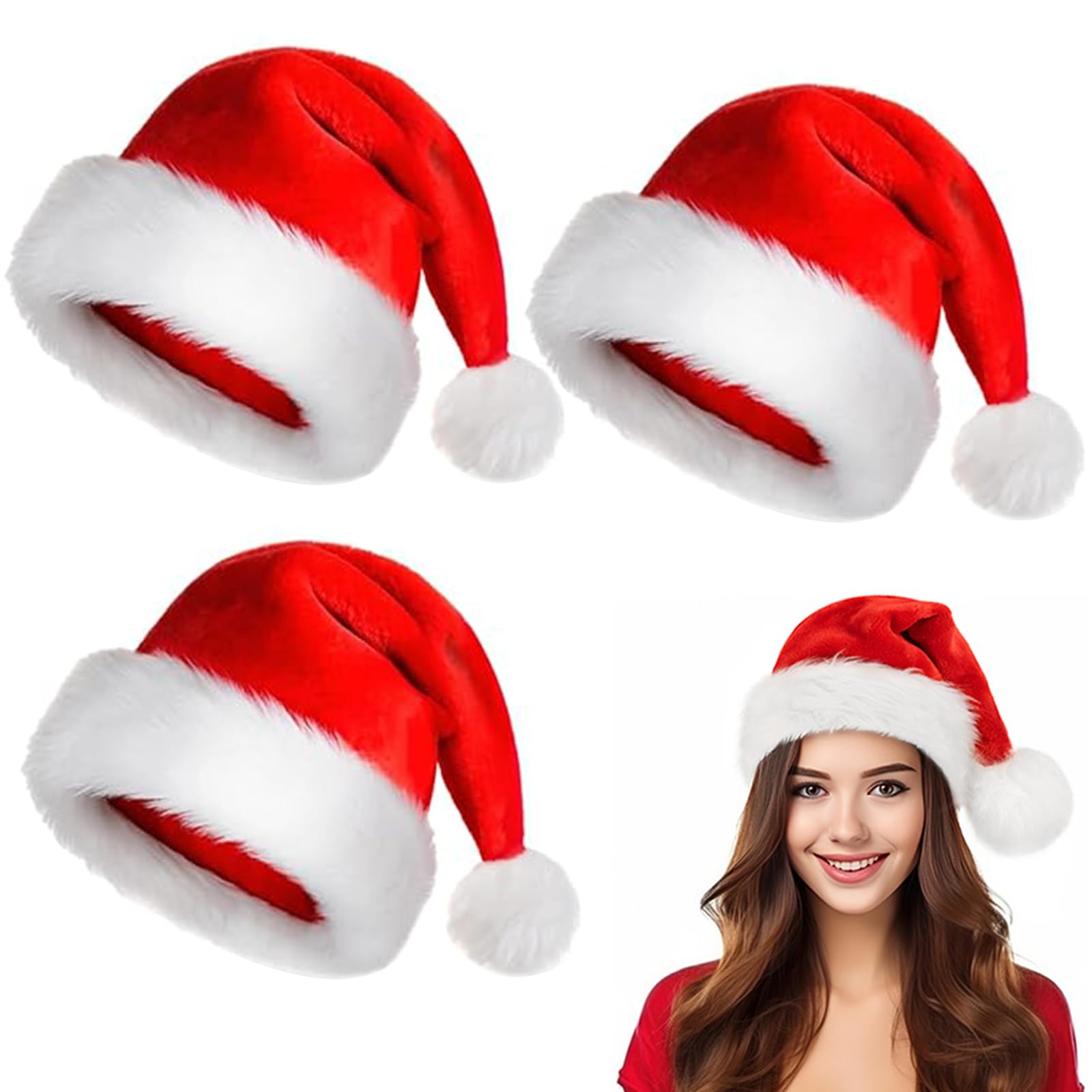 EEPLUYTY Santa Hat, Adult Plush, Pack of 3 Christmas Hats, Red Christmas Hats, Plush, Santa Hats, Adult Style