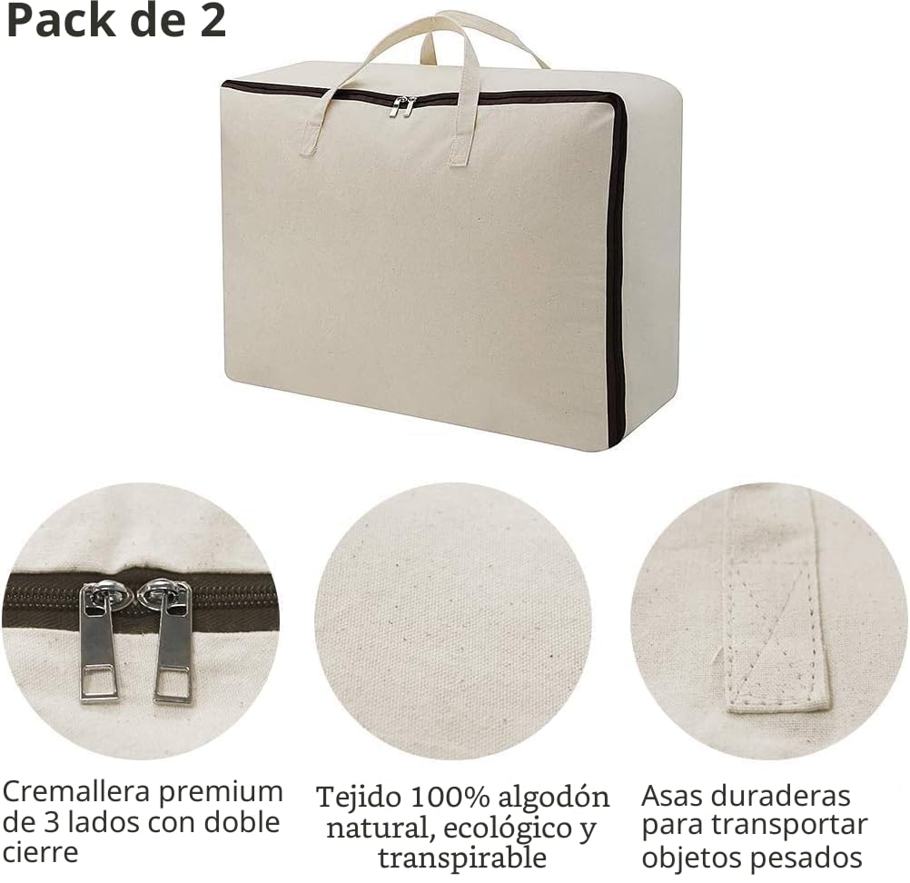 AMX Bolsa de almacenamiento transpirable de lona de algodón suave 100% para ropa de cama, edredones, prendas de vestir, 2 piezas